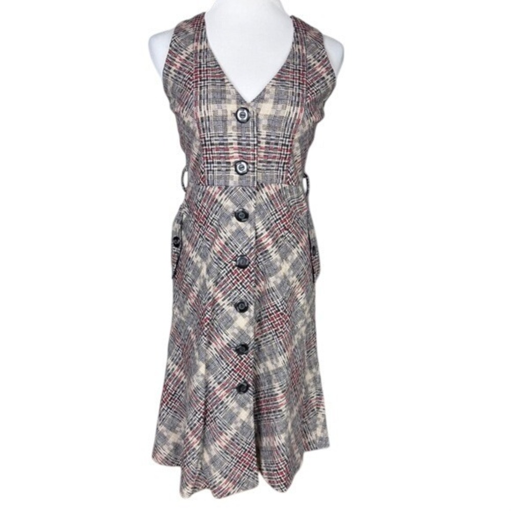 Maple Wool Blend Plaid‎ Jumper Dress Tan Navy Burgundy Button Front Size 2